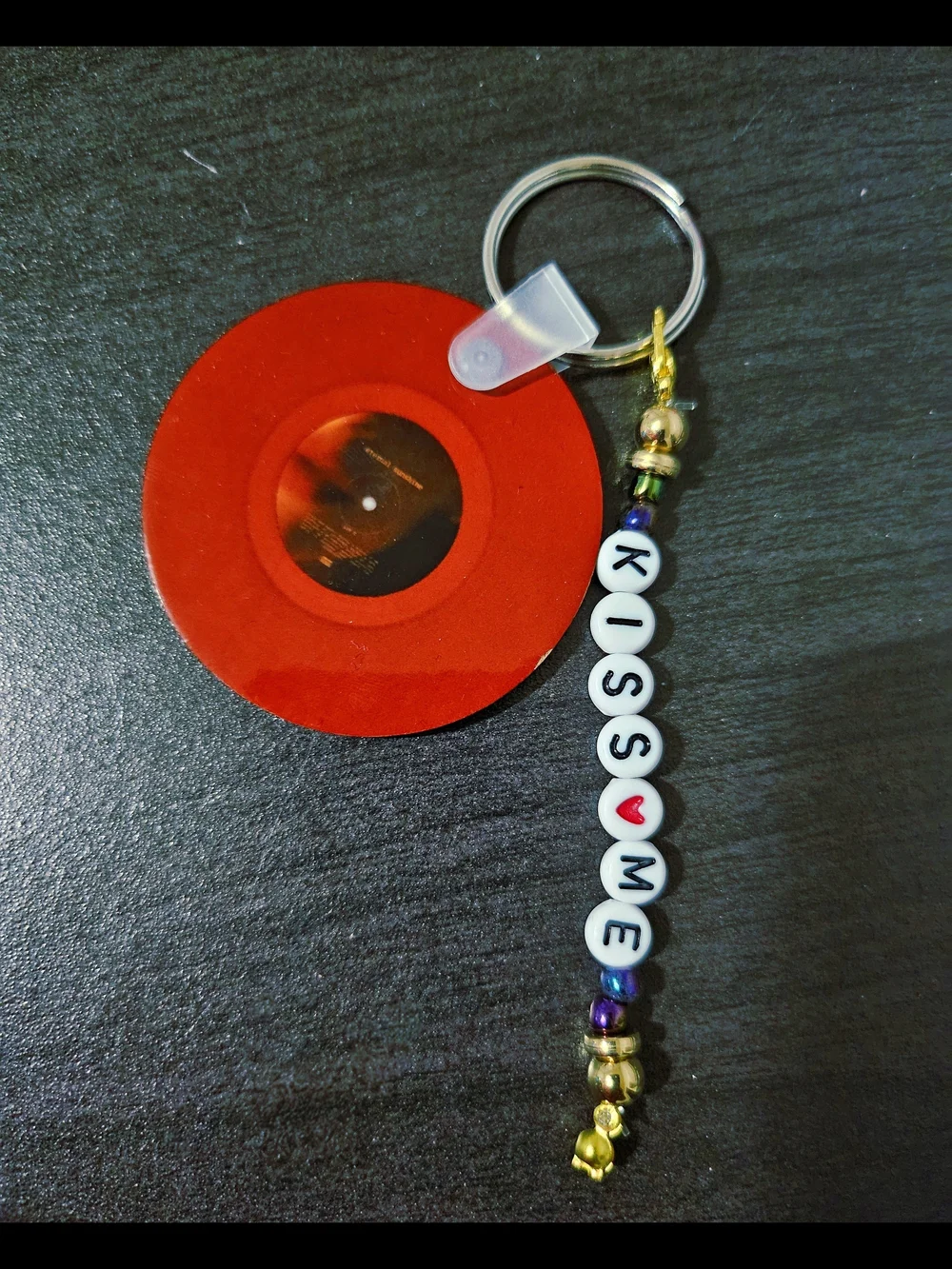 Petal Vinyl Record Keychain with 'KISS ME' Bead Charm